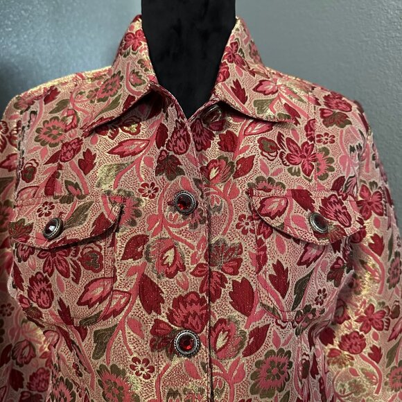 VTG Carrie Allen Jacket Women's S Pink Red Floral Metallic Brocade Jacquard Chic - Picture 2 of 9